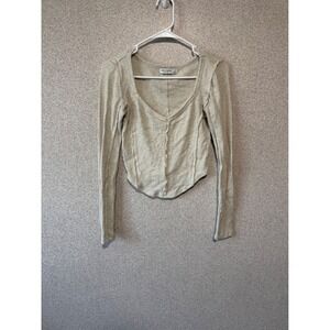 Arizona Jean Co Womens Small Oatmeal Waffle Knit V-Neck Long Sleeve Cropped Top